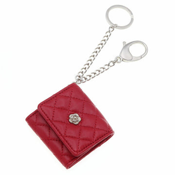 CHANEL key holder camellia red leather ladies photo frame ring quilting