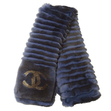 CHANEL Muffler Women's Stole Rabbit Fur Cashmere Blue Orirug Warm