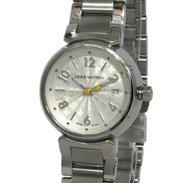 Louis Vuitton watch tambour silver white yellow Q121K SS quartz LOUIS VUITTON ladies monogram date battery type LV round