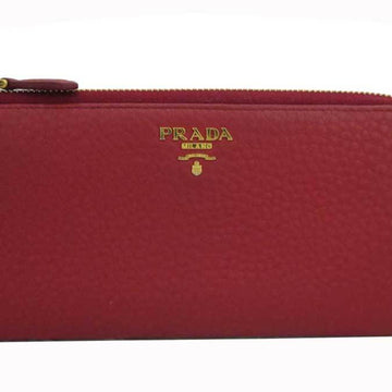 PRADA wallet logo red x gold metal fittings leather long L-shaped zipper women's