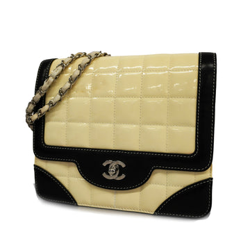 CHANELAuth  Chocolate Bar W Chain Patent Leather Shoulder Bag Black,White
