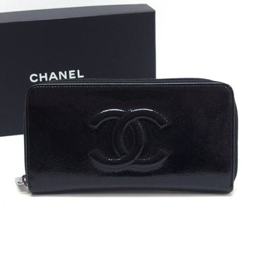 CHANEL patent caviar skin round long wallet enamel black