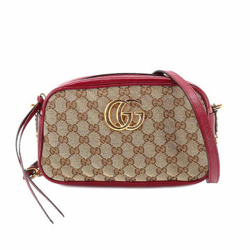 GUCCI GG Marmont Small Shoulder Bag Canvas Leather Beige Red 447632