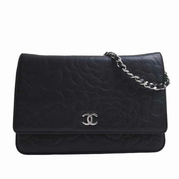 CHANEL lambskin camellia here mark chain shoulder long wallet 7421 black