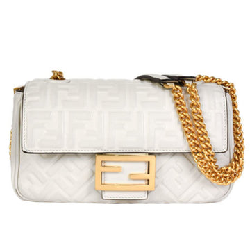 Fendi Baguette Chain Midi Shoulder Bag Handbag White FF Embossed Nappa Leather 8BR793