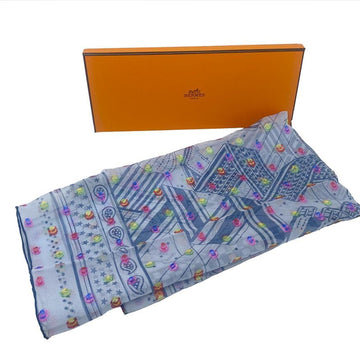 HERMES Carre 60 SANGLES EN ZIGZAG BANDANA Zigzag Sangle Scarf Embroidery Chiffon Silk Blue/Multicolor Women's