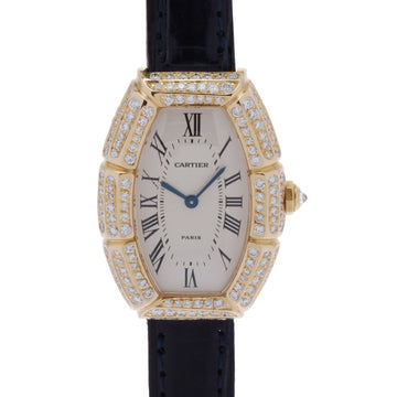 CARTIER tonneau bamboo PARIS notation CRWA501931 ladies YG/leather wristwatch quartz white dial