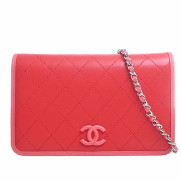 CHANEL Leather Matelasse Coco Mark Chain Shoulder Long Wallet Red Ladies