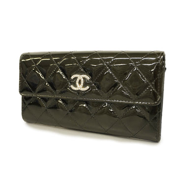 CHANELAuth  Matelasse Silver Metal Fittings Patent Leather Black