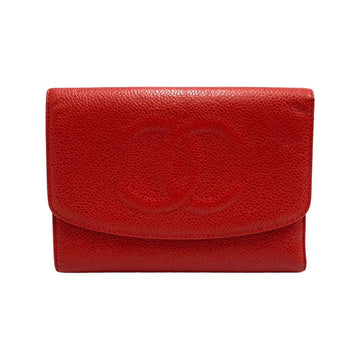 CHANEL Cocomark Caviar Skin Leather Genuine Bifold Wallet Red