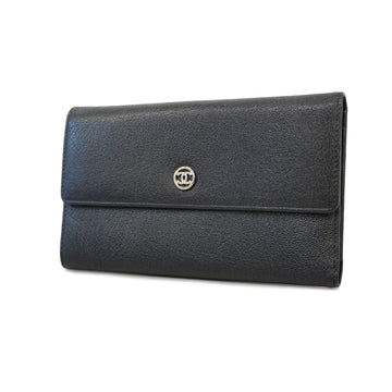 Chanel tri-fold long wallet leather black silver metal