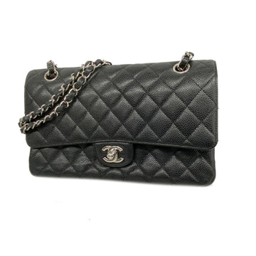 CHANEL Shoulder Bag Matelasse W Flap Chain Caviar Skin Black Silver Hardware Women's