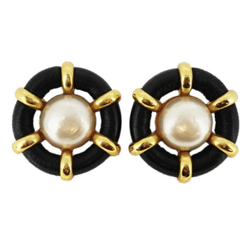 CHANEL earrings vintage fake pearl GP plated leather gold white black 93P ladies