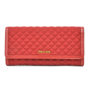 PRADA Bifold Long Wallet Quilted Nylon/Leather Dark Red Gold Women's e55974