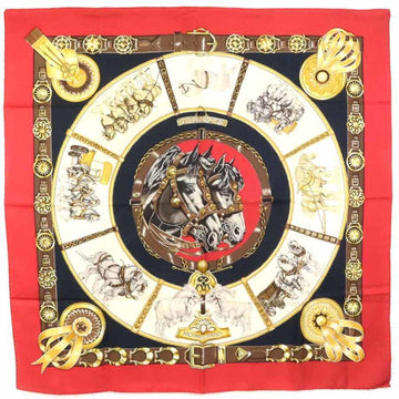 HERMES Scarf Carre 90 CHEVAUX DE TRAIT Silk Red/Multicolor Women's