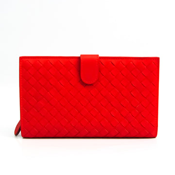 Bottega Veneta Intrecciato 114074 Unisex Calfskin Long Wallet (bi-fold) Red Color