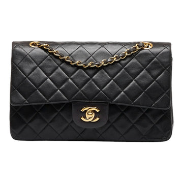 CHANEL Matelasse 25 Double Flap Here Mark Chain Shoulder Bag Black Lambskin Women's