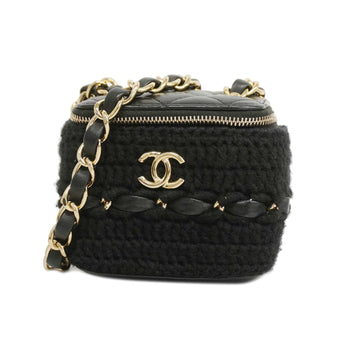 CHANELAuth  Matelasse Vanity Bag Crochet Chain Shoulder Women's Leather Bleck