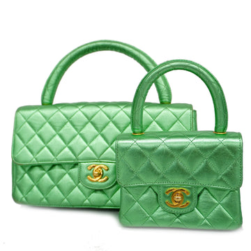 CHANEL[3ca0443] Auth  handbag Matelasse parent-child bag lambskin metallic green gold metal