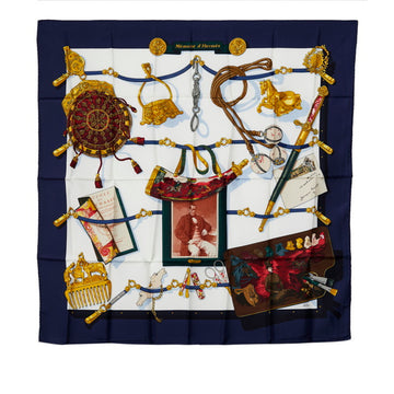 HERMES Carre 90 Memoire d' Memories of Scarf Muffler Navy Multicolor Silk Women's