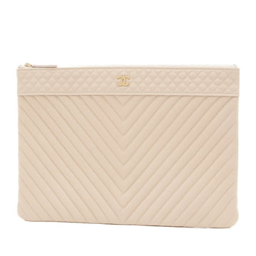 CHANEL V Stitch Clutch Bag Soft Caviar Skin Beige A69251