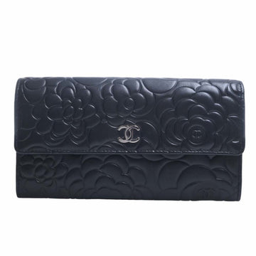 CHANEL Lambskin Camellia Cocomark Bifold Long Wallet Black Ladies