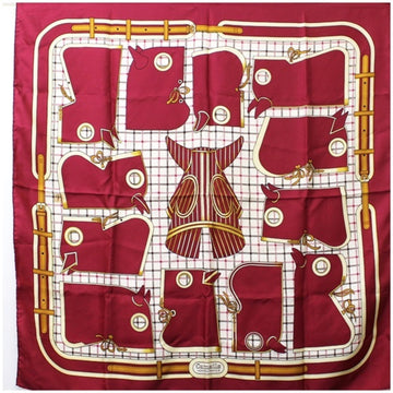 HERMES Silk Scarf Stole Carre 90 camails [Camaille Horse Armor] Wine Red  Ladies Plaid