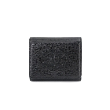 Chanel tri-fold wallet caviar skin leather black gold metal fittings here mark Wallet
