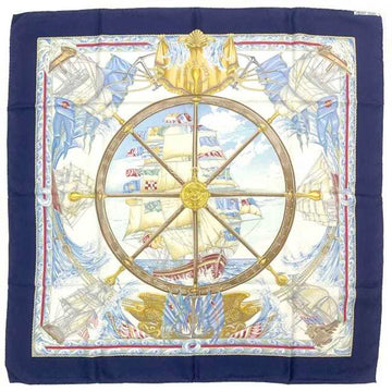 HERMES scarf Carre 90 navy blue gold windy blow silk 100%  Vive Le Vent ship anchor sail rudder ladies fashion dark