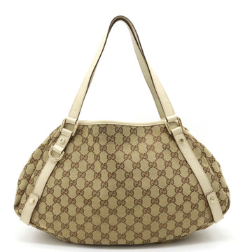 GUCCI GG Canvas Tote Bag Shoulder Leather Khaki Beige Light 130736