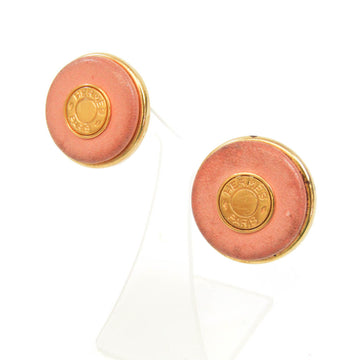HERMES Serie Button Leather,Metal Clip Earrings Gold,Light Pink