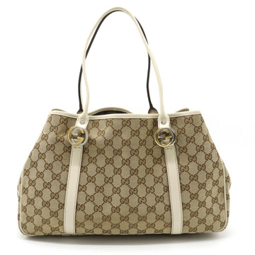 GUCCI GG Twins Canvas Tote Bag Shoulder Leather Khaki Beige Ivory 232957