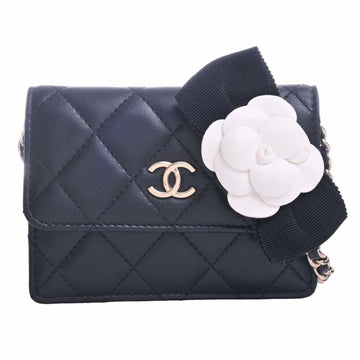 CHANEL Lambskin Matelasse Camelia Coco Mark Card Case Chain Shoulder Bag Black Ladies