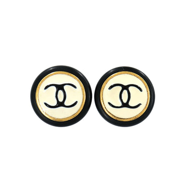 Chanel round type coco button earrings white black gold 95A vintage accessories