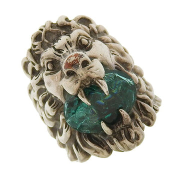 GUCCI Crystal Lion Head Ring #19 Silver/Green No. 17.5 Women's