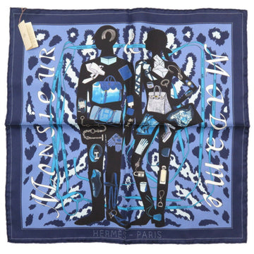 HERMES Carre 40 MONSIEUR ET MADAME Monsieur & Madame Silk Blue Scarf Muffler