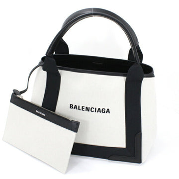 BALENCIAGA Navy Hippo S Handbag Tote Bag Natural Ivory Canvas Black Leather Women's 339933  T4779