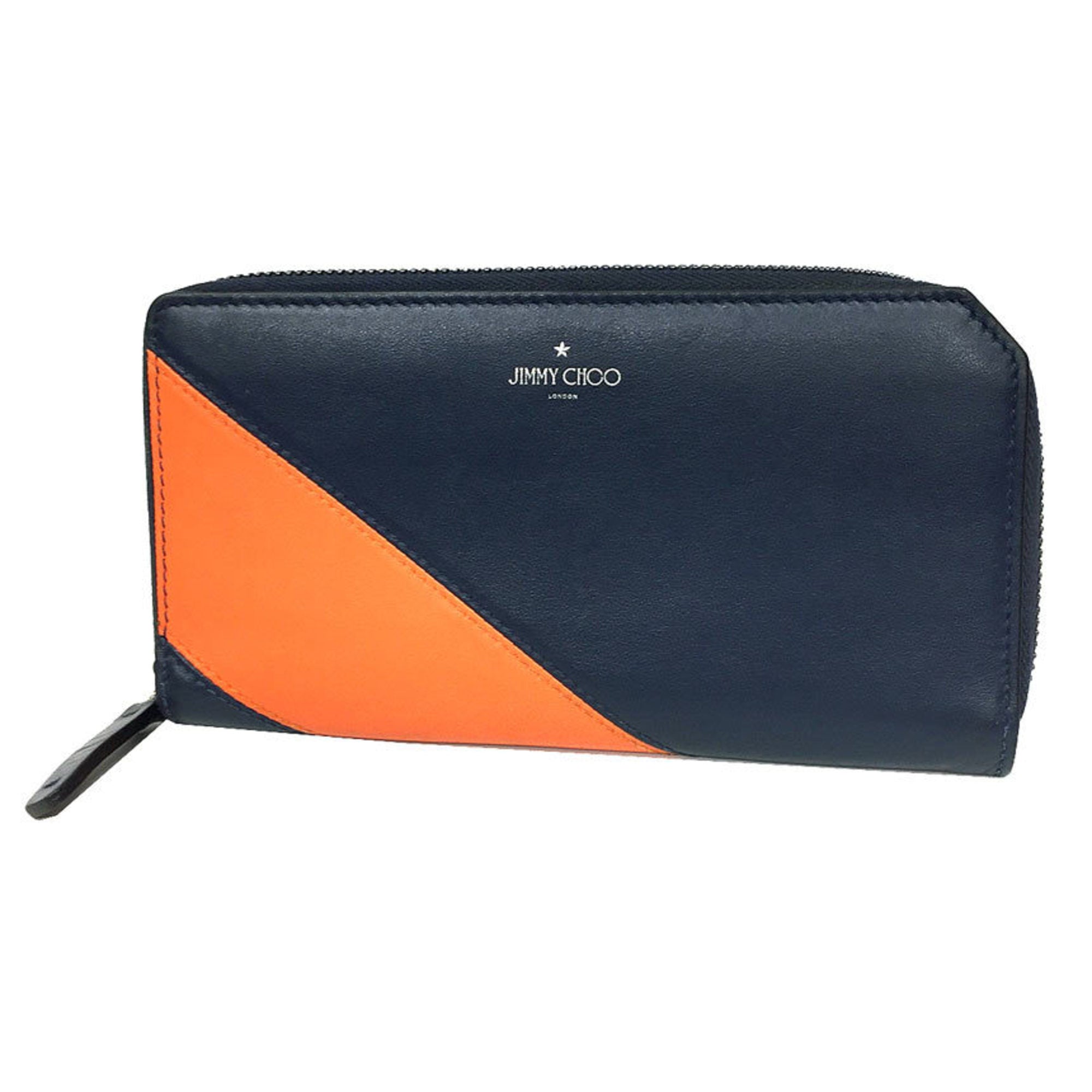 JIMMY CHOO round zipper long wallet ABIKO navy orange NAVY+LAVA leathe