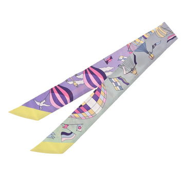 HERMES Twilly LES FOLIES DU CIEL Mauve Jaune Vert 061722S 13 Ladies 100% Silk Scarf Muffler