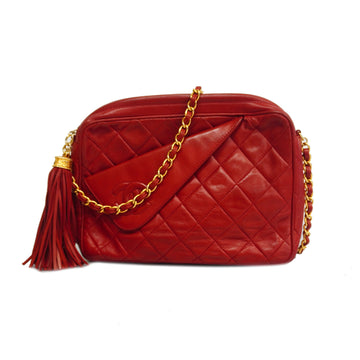 CHANELAuth  Matelasse Fringed Chain Shoulder Leather Shoulder Bag Red Color