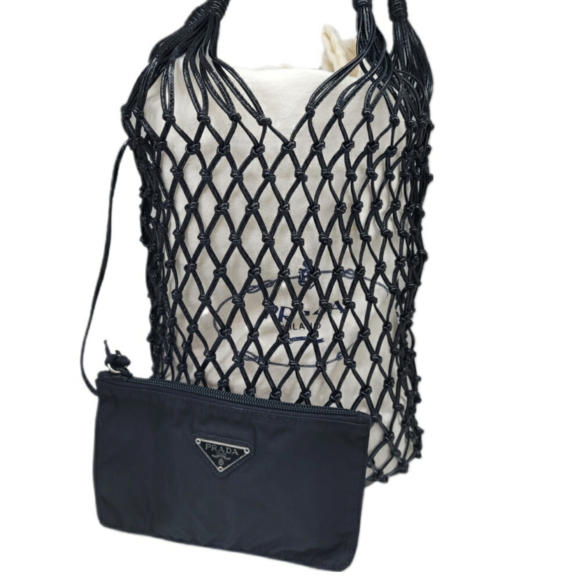 PRADA mesh handbag with pouch bag diamond women s men s black nylon