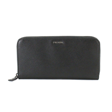 PRADA Saffiano Round Zipper Long Wallet Leather Black 2ML317 Gunmetal Metal Fittings