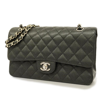 CHANEL Shoulder Bag Matelasse W Flap Chain Caviar Skin Black Silver Hardware Women's