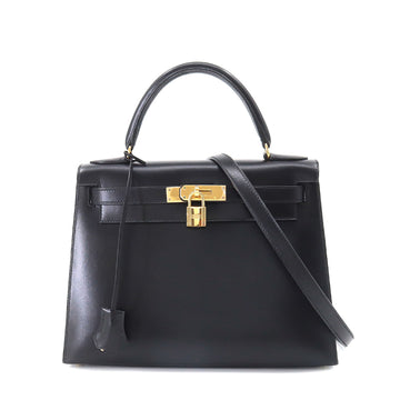 HERMES Kelly 28 2way hand shoulder bag box calf black C stamp outside stitching gold metal fittings