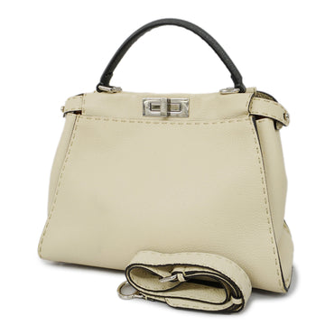 FENDIAuth  Peekaboo 2way Bag Selleria Leather Handbag,Shoulder Bag Gray,Ivory