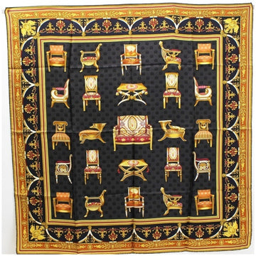 GUCCI silk scarf muffler black x gold chair pattern  ladies