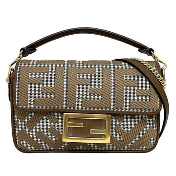 FENDI Bucket 2way Bag Beige Brown Houndstooth Gold Zucchino 8BS017 Canvas Leather GP  Flap FF Embroidery Compact