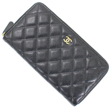 CHANEL Long Wallet Classic Zip Caviar Skin Black Round Coco Mark Ladies Matelasse AP0242 Leather Coin Purse KM2727-r