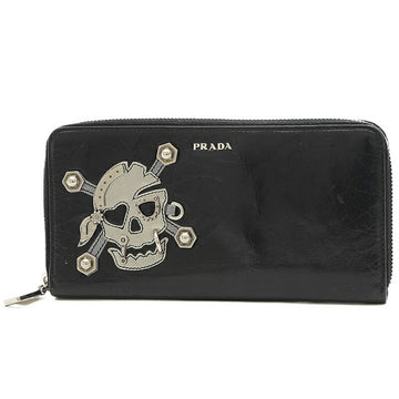 PRADA Skull Round Zipper Long Wallet Leather Black/Silver 2M1264