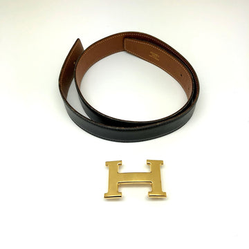 HERMES H belt leather black camel gold ladies